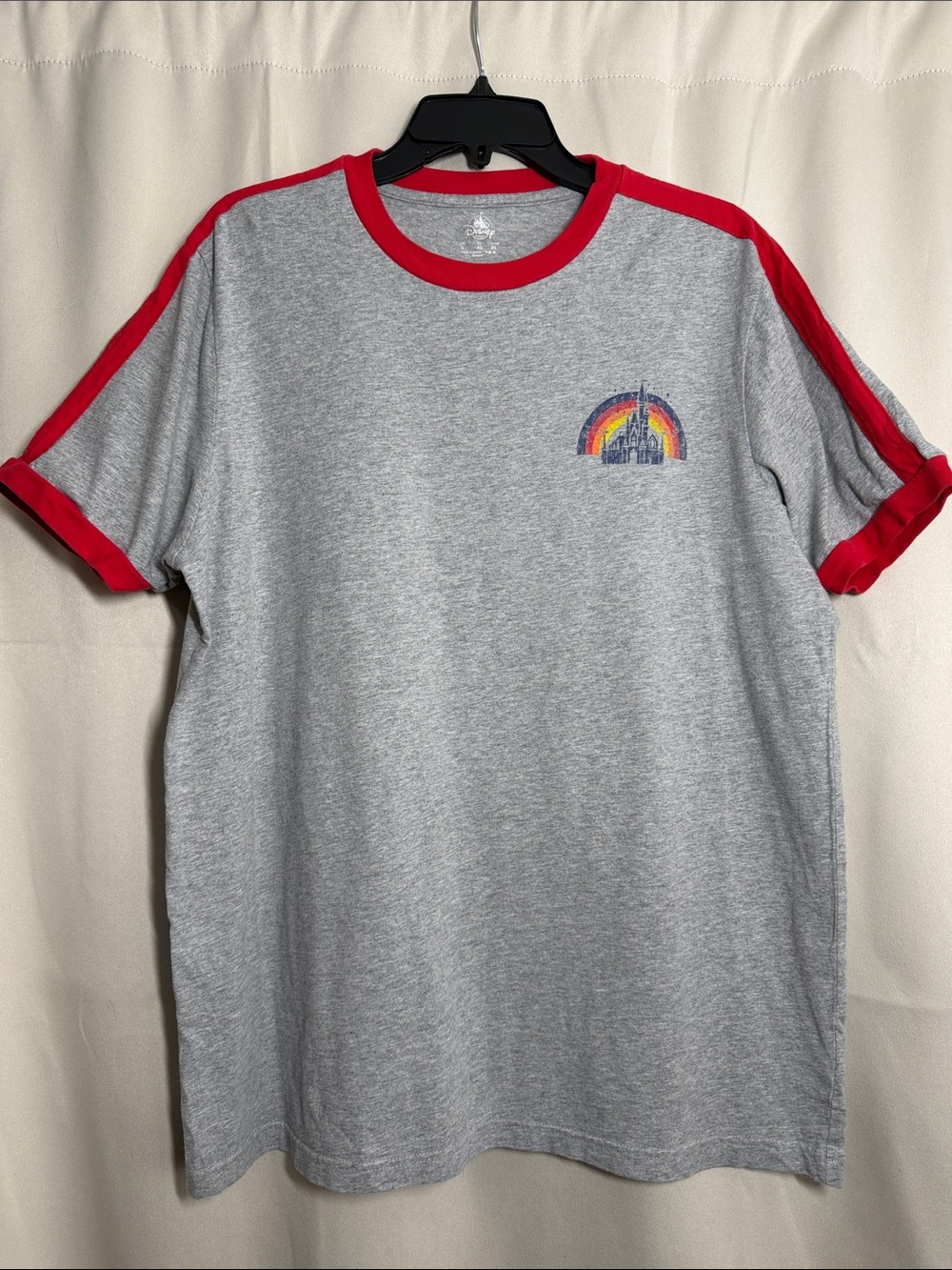 Disney Parks 1971 Retro Ringer Style Gray Red Rainbow Short Sleeve T Shirt Large
